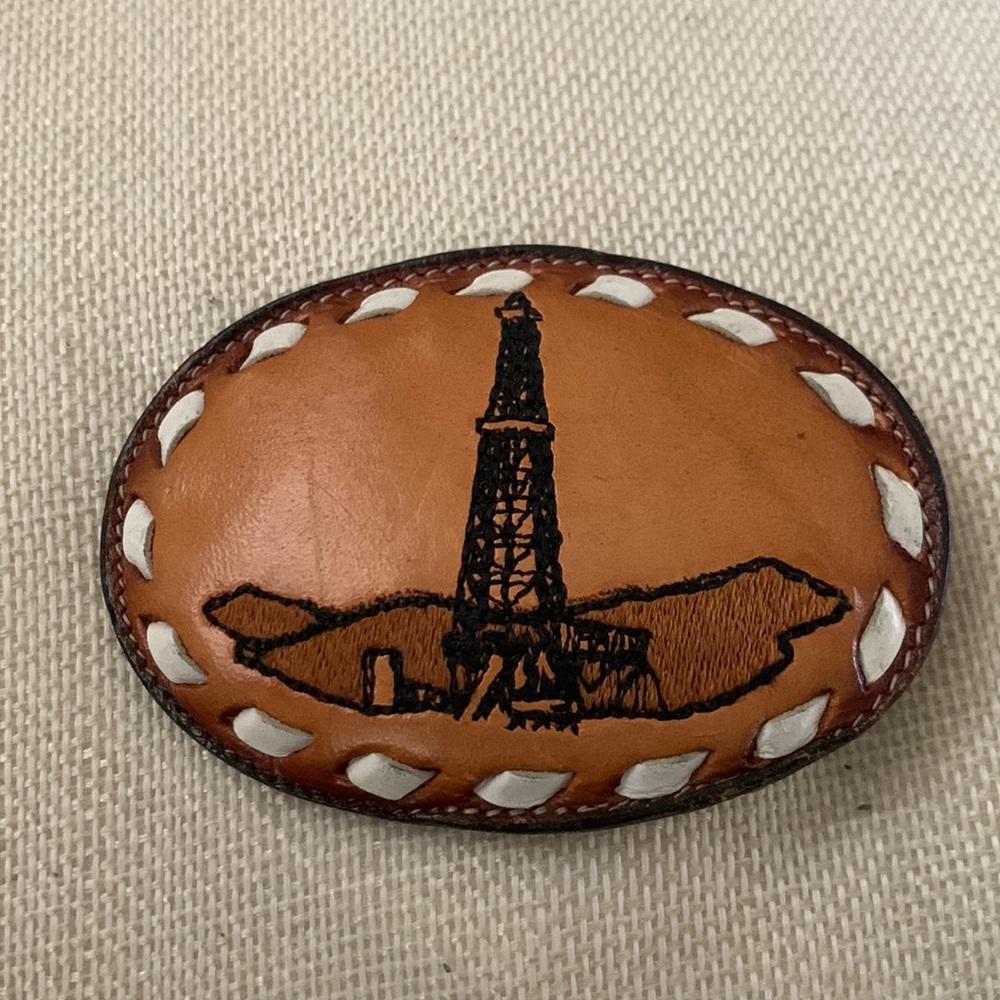 Tony Lama Vintage leather oil tower belt buckle